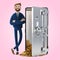 A cartoon character stands with a phone in the form of a safe. Mobile bank.