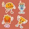 Cartoon character sticker retro pizza, burger, French fries, drink, fast food 70s. In trendy groovy hippie retro style