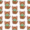 Cartoon character tabby cat wearing protective face mask seamless pattern background