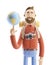 Cartoon character tourist stands with a large map pointer and globe. 3d illustration. Concept of traveling.