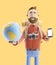 Cartoon character tourist stands with a large map pointer and globe. 3d illustration. Concept of traveling.