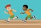 Cartoon character, Two Boy athletes are compete a relay race in the racetrack.