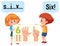 Cartoon character of two kids spelling the number six