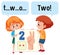 Cartoon character of two kids spelling the number two