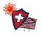 Cartoon character - USA flag that defences against China coronavirus. Grunge hand-drawn doodle illustration. Health, medicine