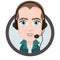 Cartoon character, vector drawing portrait boy call center operator, icon, sticker. Man with big eyes with a headset, headphones a