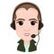 Cartoon character, vector drawing portrait boy call center operator, smile emotion, icon, sticker. Man brunet with big brown eyes