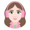 Cartoon character, vector drawing portrait girl in headphones listen to music, smile emotion, icon, sticker. Woman brunette big gr