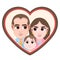 Cartoon character, vector drawing portrait happy family couples, icon, sticker. Loving husband, wife and child with big eyes smili