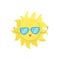 Cartoon character of yellow sun in sunglasses. Funny weather and sky element. Flat vector design for mobile app, t-shirt