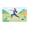 Cartoon character of young woman practicing yoga outdoors