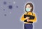 Cartoon character with young woman wearing medical mask on face to  to prevent disease. Coronavirus. Vector illustration in a flat