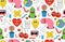 Cartoon characters background. Seamless pattern with funny stickers and patches in trendy retro cartoon style.