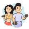 Cartoon characters boy and girl athletes with dumbbells in hands, fitness outline drawing. Cute sports woman and muscular man in