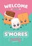 Cartoon characters chocolate, marshmallow and crackers invite on S'mores party