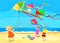 Cartoon characters play on the beach with kites. Vector