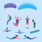 Cartoon Characters Skydiving and Parachuting People Set. Vector