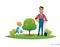 Cartoon characters, smiling father and son in rubber boots with gardening tools plant apple tree in garden. Parental