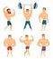 Cartoon characters of strong and muscular bodybuilders posing in different poses