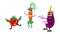 Cartoon characters. Three friends carrot tomato and eggplant fun dancing against each other.