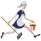 Cartoon charwoman running with a bucket and mop in hand