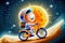 cartoon cheerful astronaut on a bicycle. Generative AI