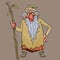 Cartoon cheerful bearded grandfather with a staff in his hand