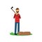 Cartoon cheerful bearded lumberjack man standing with axe in hands, log lying on green grass