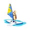 Cartoon cheerful brazil nut enjoying windsurfing