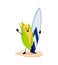 Cartoon cheerful corn cob with surfboard on beach