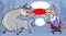 Cartoon cheerful man in santa clothes talking to a white metal bull