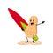 Cartoon cheerful peanut nut pod with surfing board