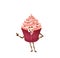 Cartoon cheerful raspberry cupcake character, pie