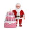 Cartoon Cheerful Santa Claus Granpa with Birthday Cartoon Dessert Tiered Cake and Candles. 3d Rendering