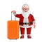 Cartoon Cheerful Santa Claus Granpa with Orange Travel Suitcase. 3d Rendering