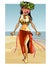 Cartoon cheerful woman dances on the seashore