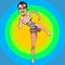Cartoon cheerful woman dancing furiously on the background of bright circles