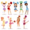 Cartoon cheerleaders girls sport fan dancing cheerleading woman team uniform characters vector illustration