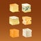 Cartoon cheese cubes. Set of different pieces of cheese