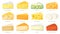 Cartoon cheese types. Cheese triangles, cheddar, brie, mozzarella, parmesan, camembert and brick. Tasty cheese vector