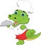 Cartoon chef crocodile carrying food tray