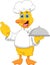 Cartoon chef duck carrying food tray and giving thumbs up