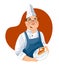 Cartoon chef with glasses serves a piece of pie