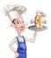 Cartoon Chef Holding Hot Dog on Tray