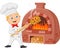 Cartoon chef holding hot pizza with traditional oven