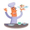 Cartoon chef holding plate with pasta and shrimps