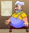 Cartoon chef stands next to the wall with an empty menu