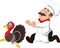 Cartoon chef trying to catch a turkey