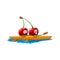 Cartoon cherry twins on kayak, funny vector berry