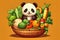 cartoon chibi cute panda with fresh vegetables and fruits